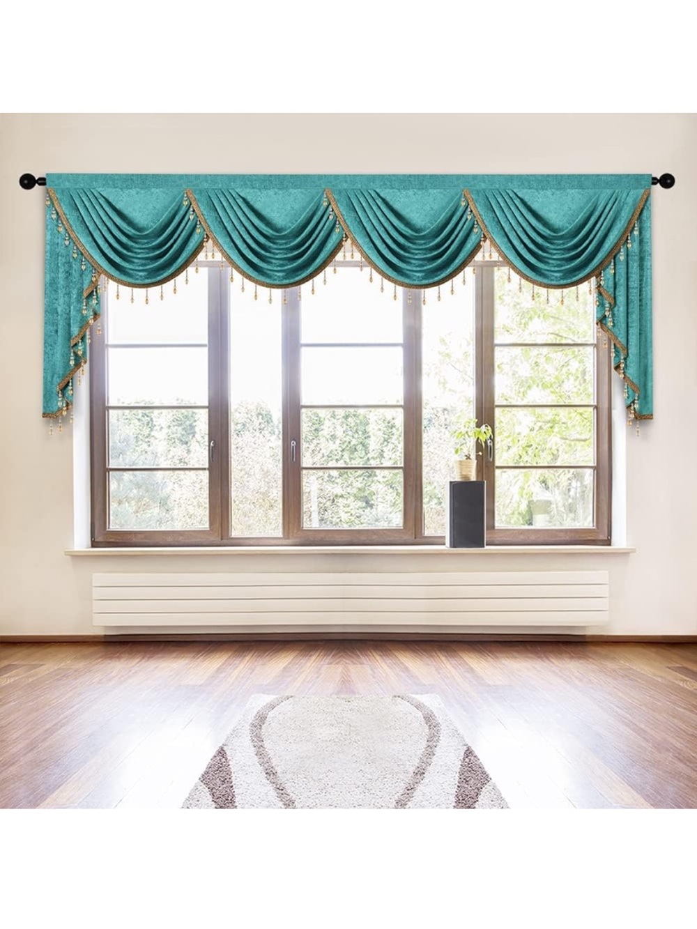 Elk Teal Swag Valance with Gold Beaded Trim